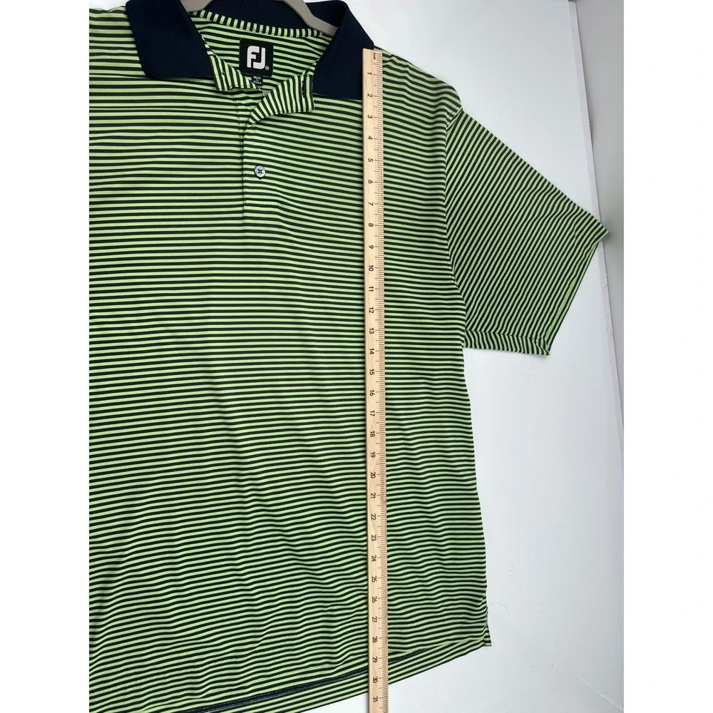 FootJoy Mens Golf Polo Shirt Medium Lime Green Navy Blue Striped Short Sleeve FJ